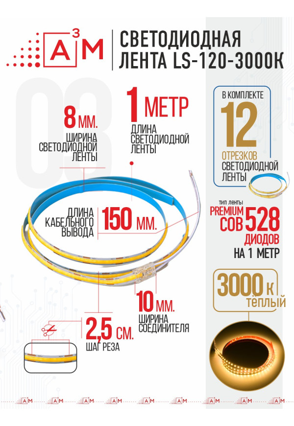 Готовый комплект автоматической подсветки лестницы (COB-лента, 3000К, 12 ступеней, 1.2м)