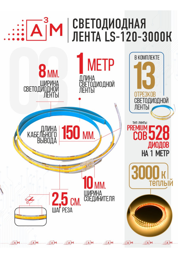 Готовый комплект автоматической подсветки лестницы (COB-лента, 3000К, 13 ступеней, 1м)