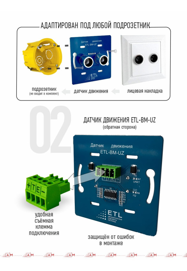 Ультразвуковой датчик движения ETL-BM-UZ для подсветки лестницы (совместим с контроллерами ETL и A3M)