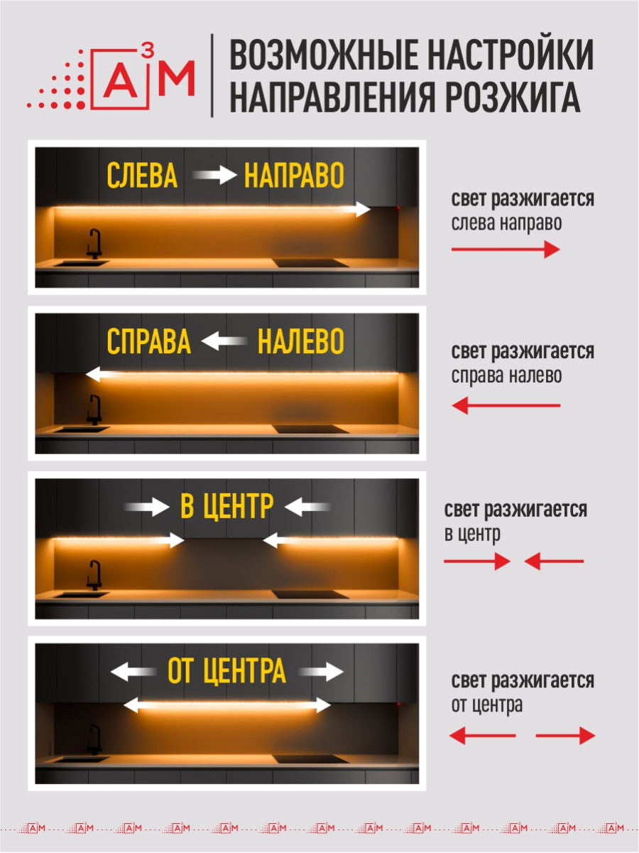 Сенсорная подсветка кухни «Бегущий огонь» A³M (3м, теплый свет 3000K)