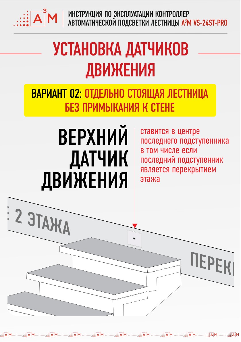 Правила установки верхнего датчика движения в подступенок перекрытия для отдельно стоящей лестницы