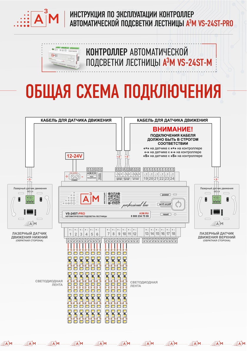 Общая электрическая схема подключения датчиков движения и светодиодной ленты к контроллеру автоматической подсветки лестниц A3M VS-24ST-PRO 